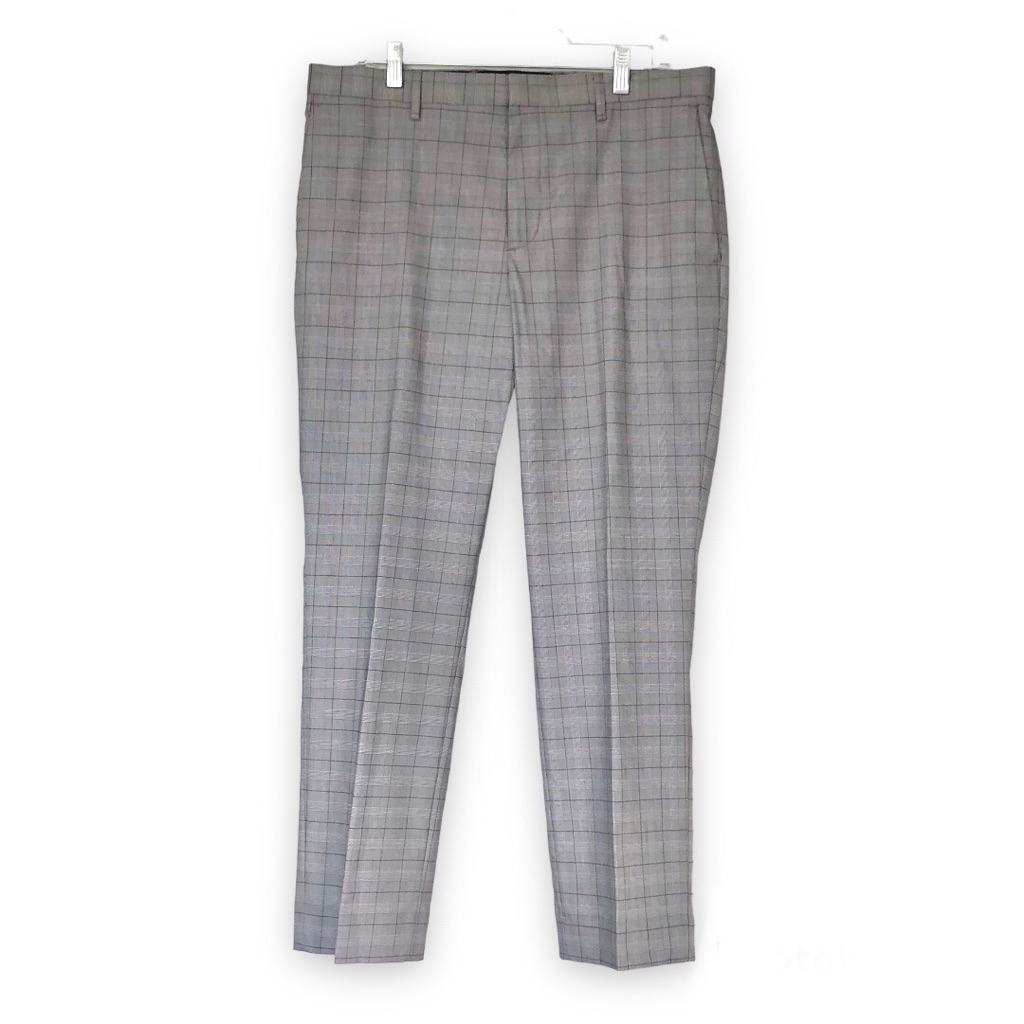 Banana Republic Silver Grey Plaid Non-Iron Slim Fit Dress Pants Size 34wx32l